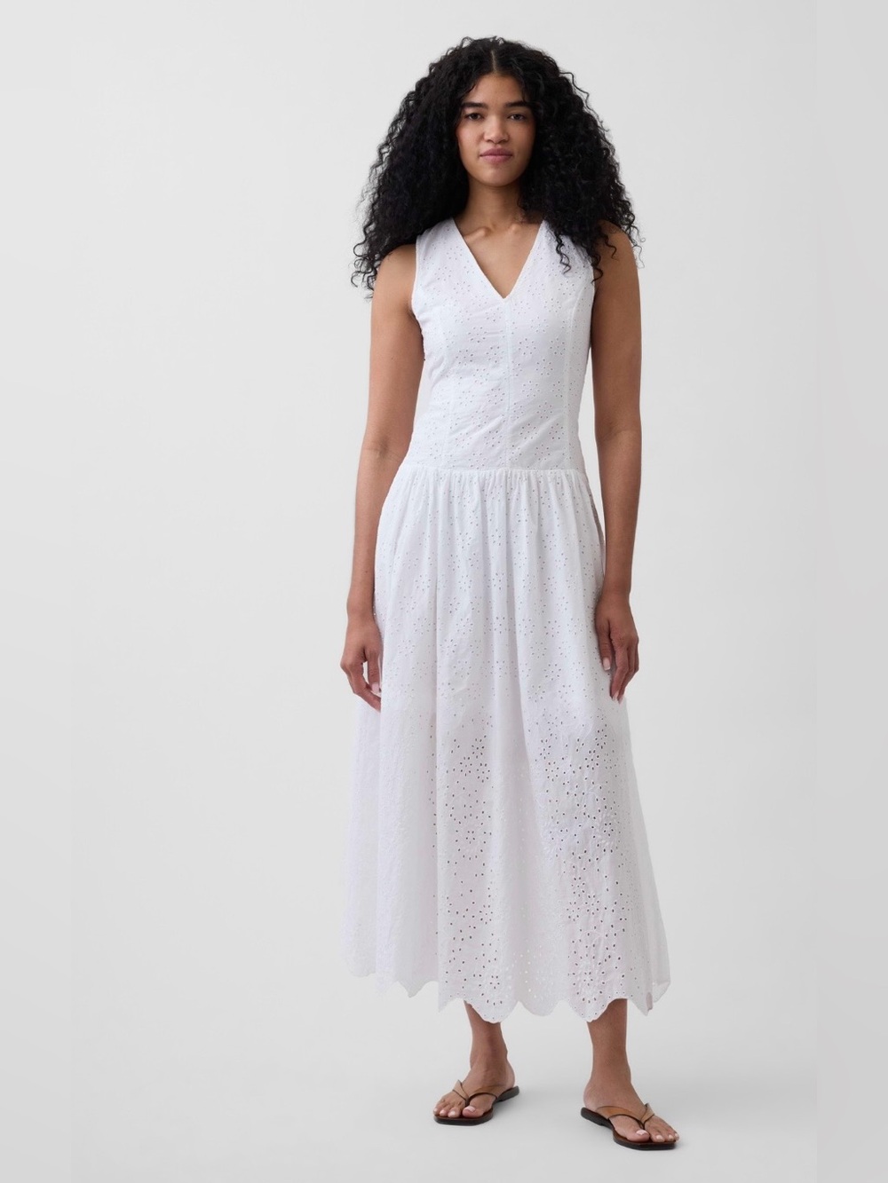 NWT-GAP White Eyelet Drop-Waist Maxi Dress, Medium Petite